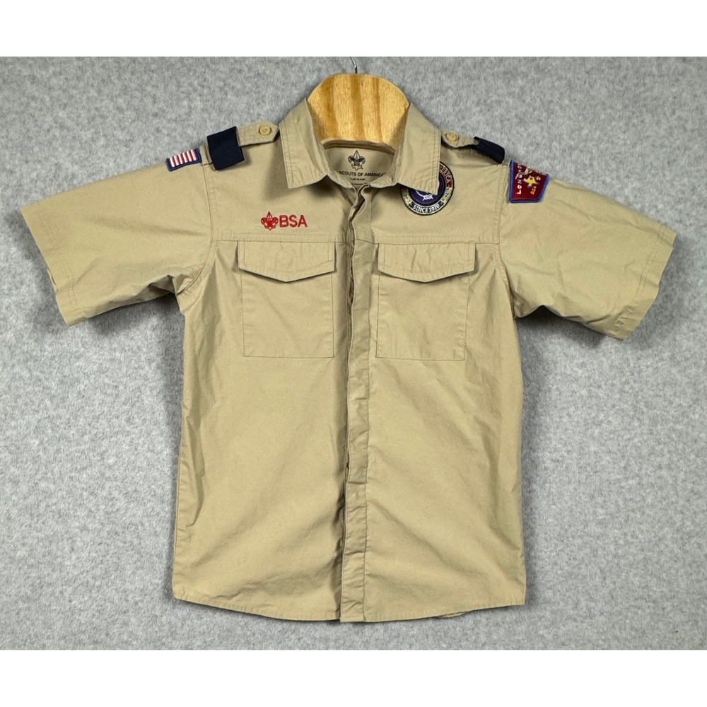 Boy Scouts of America Shirt Youth XL Tan Short Sleeve Uniform Patches
